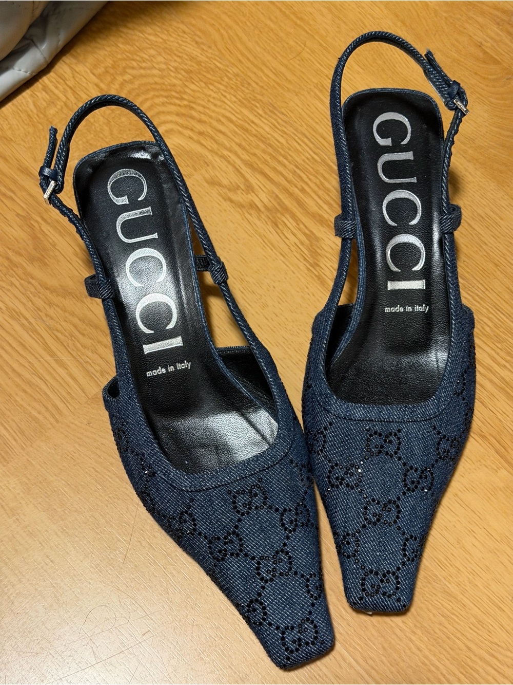 Gucci blue denim rhinestone Slingback kitten, Heel Mules